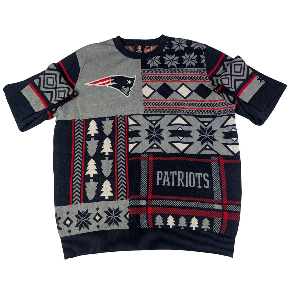 NFL Team Apparel New England Patriots Mens XL Holiday Patchwork Sweater Navy